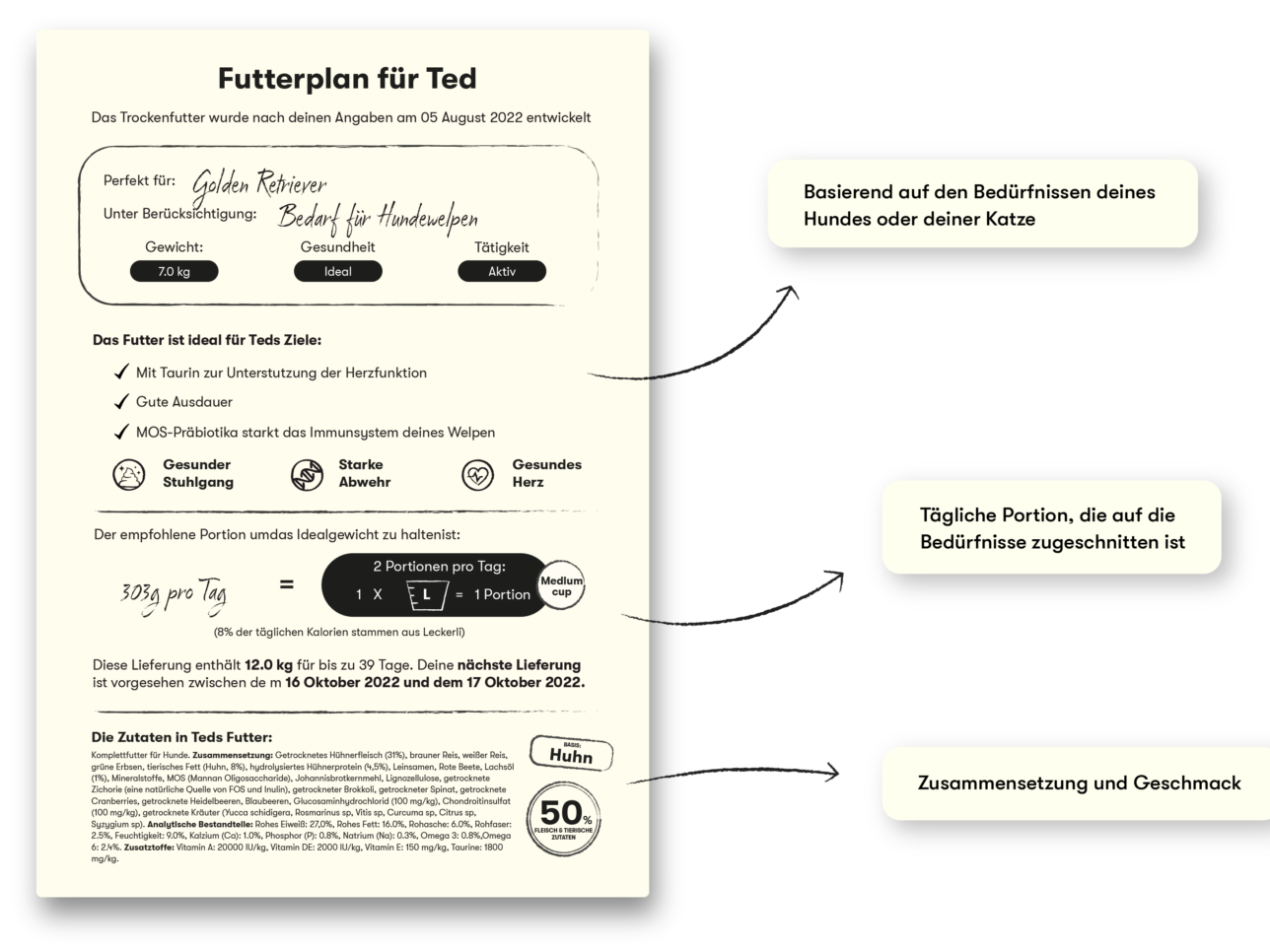 Visualisierung eines flexiblen Just Russel Futterplans für Hunde mit Hinweisen zu den wichtigsten Abschnitten.