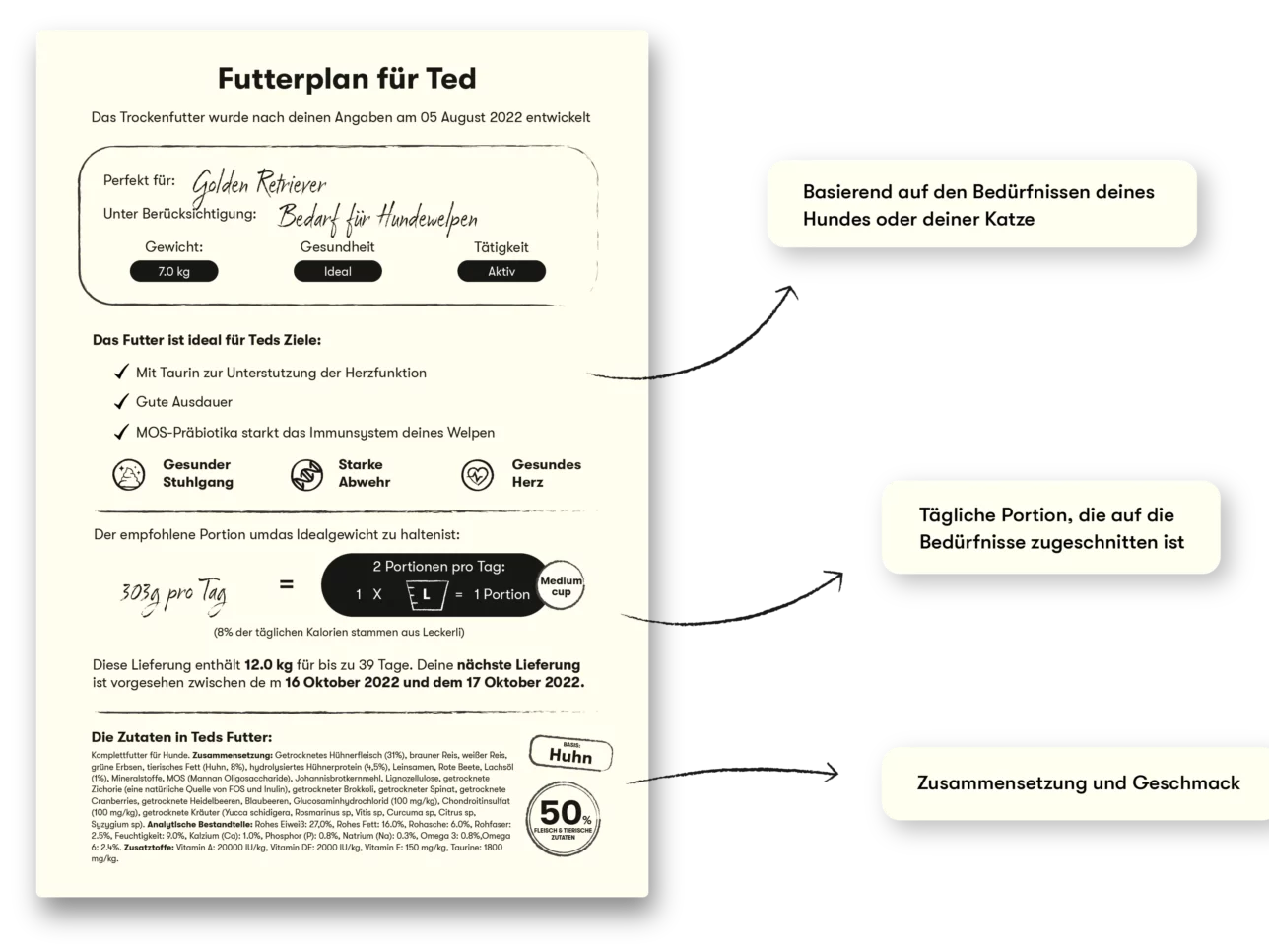 Visualisierung eines flexiblen Just Russel Futterplans für Hunde mit Hinweisen zu den wichtigsten Abschnitten.