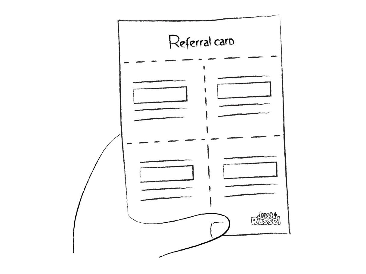 Illustration einer Just Russel Empfehlungskarte mit Gutscheinen für Freunde.