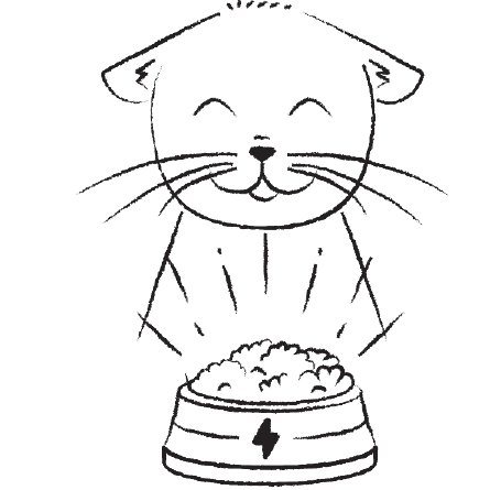Illustration einer glücklichen und zufriedenen Katze vor ihrem Futternapf.