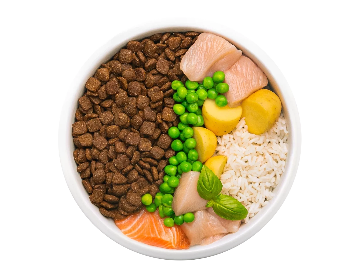 Futternapf mit einer Hälfte Trockenfutter und in der anderen Hälfte sind die frischen Zutaten Huhn, Erbsen, Reis, Kartoffeln und Lachs zu sehen.