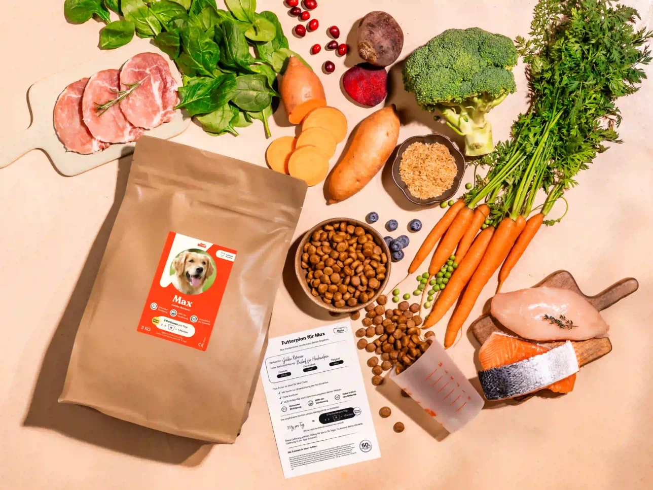 Der personalisierte Futterbeutel von Just Russel ist umgeben von den natürlichen Zutaten, die in dem Futter enthalten sind. Daneben liegt ein Becher voll mit Trockenfutter und der passende Futterplan.