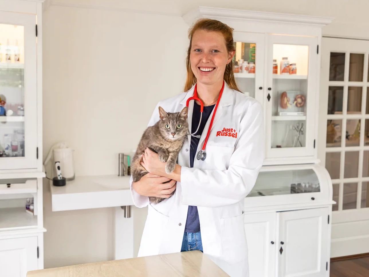 Tierärztin Joy von Just Russel hält liebevoll eine graue Katze in den Armen.