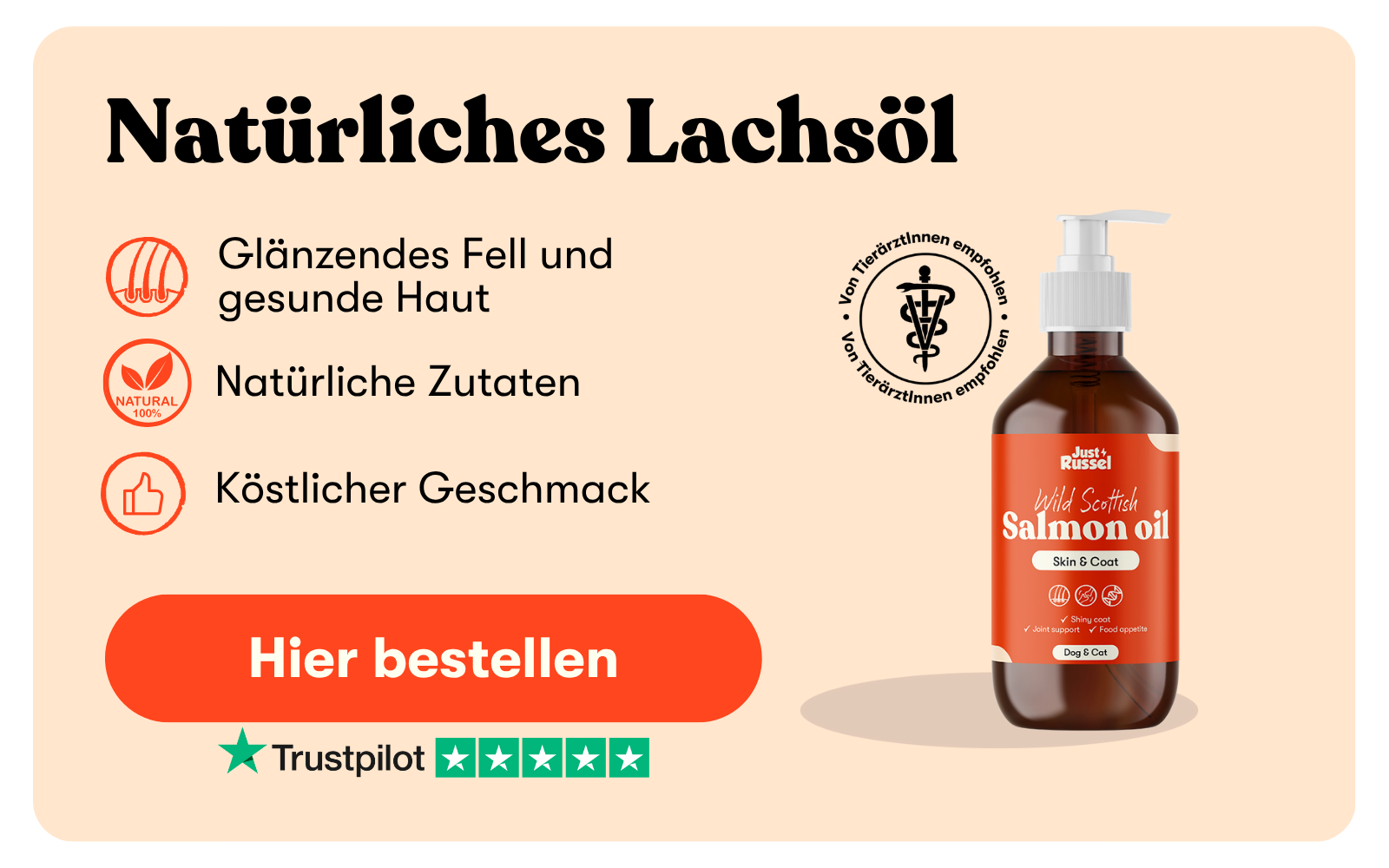Lachsöl für Hunde und Katzen von Justen Russel. Für gesunde Haut und glänzendes Fell.