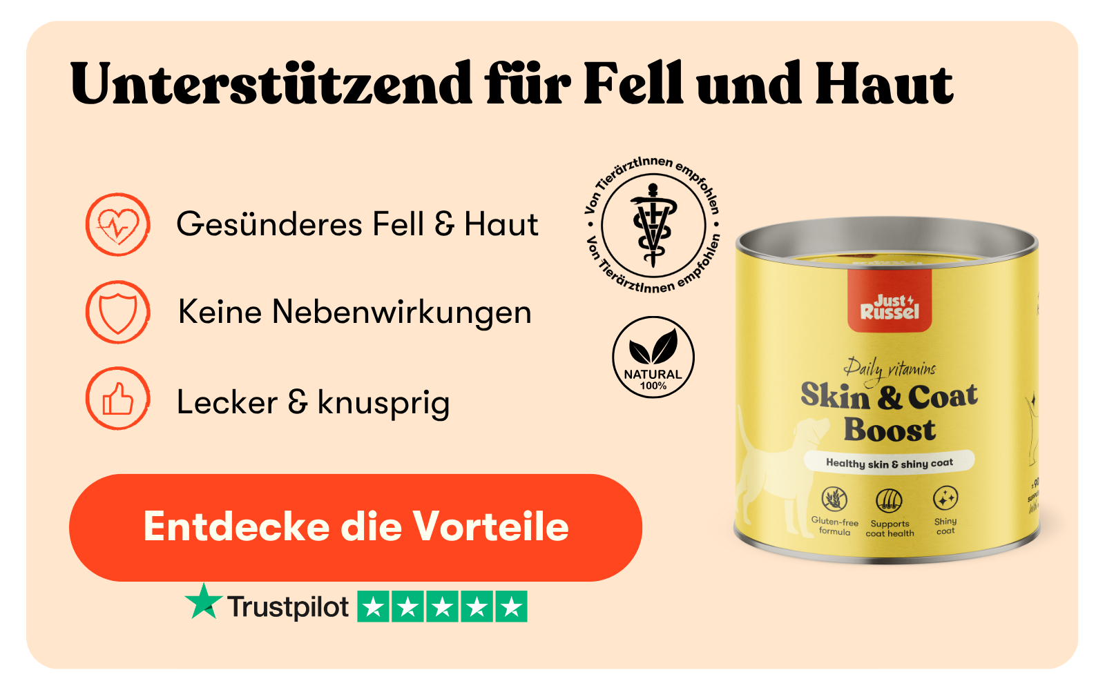 Skin & Coat Nahrungsergänzungsmittel für Hunde von Just Russel für schönes Fell und gesunde Haut.