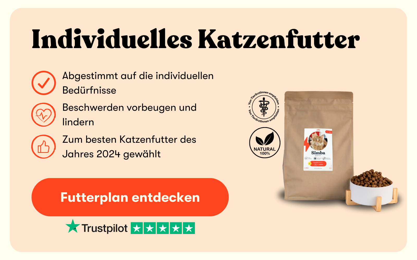 Personalisierbares Katzenfutter von Just Russel in brauner Verpackung mit einem Foto der Katze.