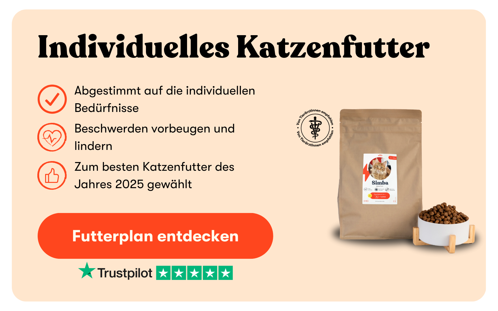 Personalisiertes Katzenfutter von Just Russel in brauner Verpackung mit einem Foto der Katze.