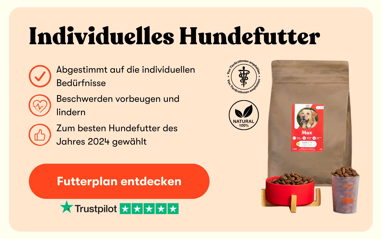 Personalisierbares Hundefutter von Just Russel in brauner Verpackung mit roter Futterbox und Messbecher