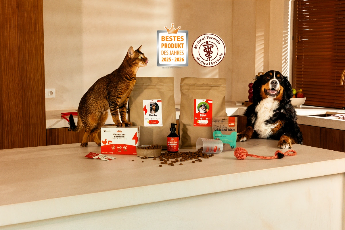 Just Russel Tier-Produkte, präsentiert von einer Katze und einem Hund, ausgezeichnet mit dem Qualitätssiegel „Bestes Produkt des Jahres 2024–206“